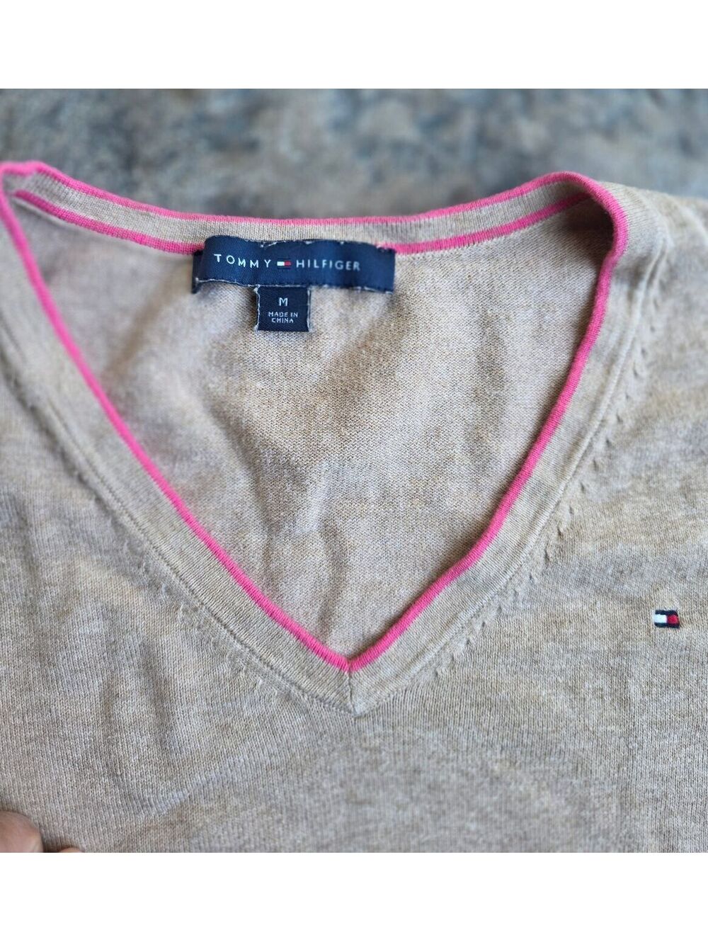 Tommy Hilfiger Women's Beige V-Neck Sweater with Multi-Color Stripe Cuffs, SizeM - Picture 3 of 6